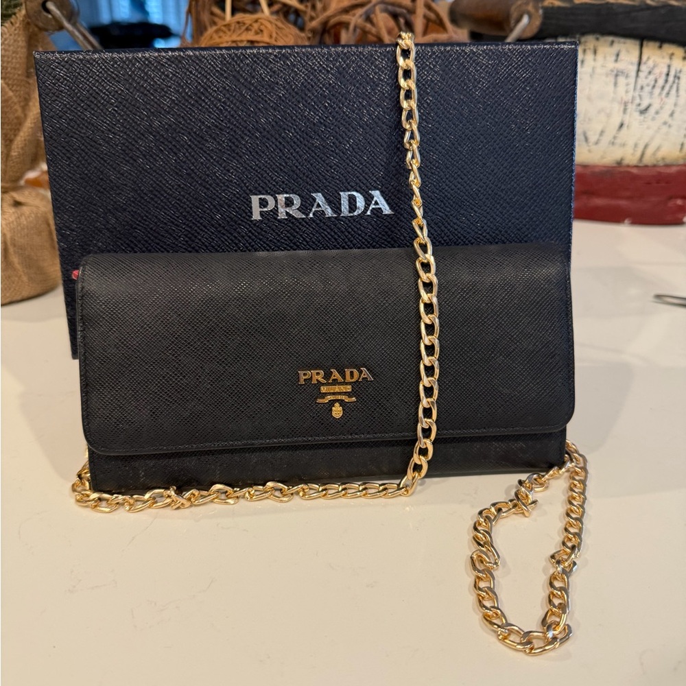 Prada Leather Clutch, Pink inside and Removable Gold Colored Chain.  Authentic!